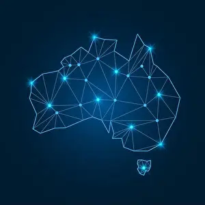 Polygonal Prints: Australia map with polygonal glowing shapes. World map linear continent with lighting dots