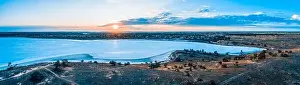 Australian desert and shallow salt lake at sunset - wide aerial panoramic landscape