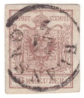 Serbia Prints: AUSTRIA — 1850 June 1: An 6 kreuzer brown postage stamp depicting Coat of Arms of the Austrian monarchy