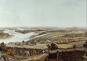 Europea Prints: Austria. The city of Nussdorf and the Danube river