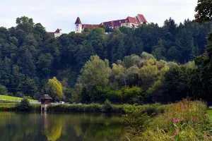 Styria Prints: Austria, Sulmsee lake withl castle Seggau on Seggauberg near Leibnitz in Styria