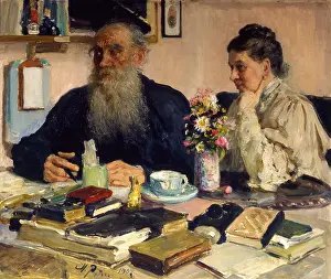 Saucer Prints: The author Leo Tolstoy with his wife in Yasnaya Polyana, 1907. Artist: Il'ya Repin