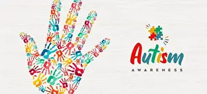 Autism Awareness Day web banner illustration of colorful diverse children hand print together. Autistic children learning ability support concept, kid