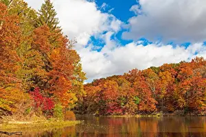 Midwest Prints: Autumn Colors on a Quiet Lake on Strahl Lake in Brown County State Park in Indiana