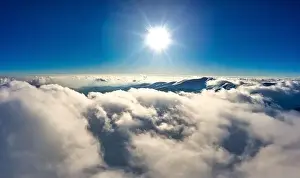 Sky Clouds Prints: Autumn flight through blue sky in Carpatian autumn mountains aerial panoramic drone shot