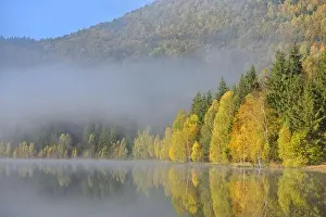 Autumn landscape in the mountains with trees reflecting in the water at St. Ana's lake, Romania