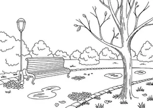 Puddle Prints: Autumn park graphic black white landscape sketch illustration vector
