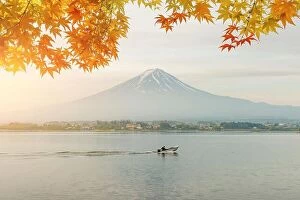 Images Dated 18th May 2015: Autumn season and mountain Fuji in morning with red leaves maple at lake Kawaguchi, Japan