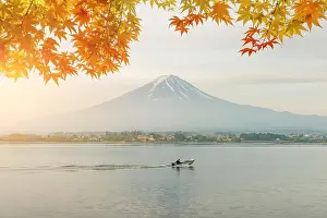 Fuji Prints: Autumn season and mountain Fuji in morning with red leaves maple at lake Kawaguchi