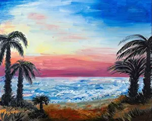 Fashion Illustration Prints: Awesome painting backgruond, nature with ocean and palms near