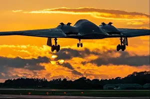 Stealth Prints: B2 Bomber plane landing into the sunset at RAF Fairford