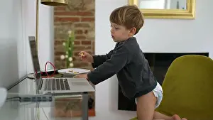 Diaper Prints: Baby boy wearing diapers in front of laptop at home 2 year old toddler