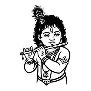 Vector Art Prints: baby krishna playing flute - outline art