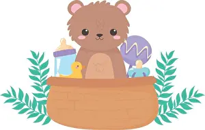 Teddy Prints: baby shower, teddy bear rattle pacifier in basket cartoon
