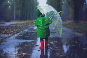 Rainy Prints: Baby walking in autumn rainy park