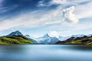 Images Dated 22nd October 2018: Bachalpsee lake in Swiss Alps mountains. Snowy peaks of Wetterhorn