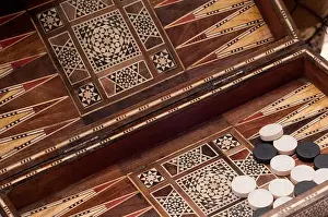 Backgammon board game antique box display at carboot sale in Bath, UK