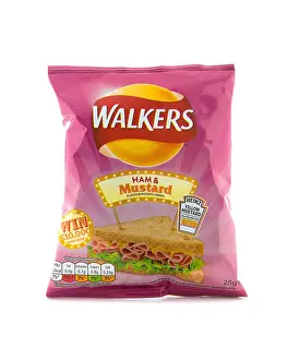 Walkers Prints: A Bag of Walkers Ham and Mustard Flavour crisps isolated on a white background