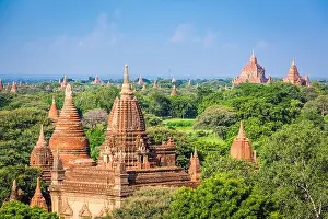 Bagan, Myanmar ancient temple ruins landscape in the archaeological zone in the afternoon