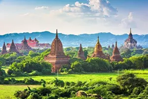 Bagan, Myanmar ancient temple ruins landscape in the archaeological zone in the afternoon