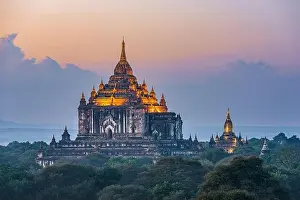 Bagan, Myanmar temples in the Archaeological Zone at dusk