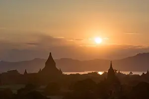 Bagan, Myanmar temples in the Archaeological Zone at dusk
