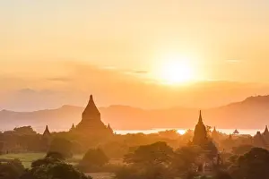 Bagan, Myanmar temples in the Archaeological Zone at dusk