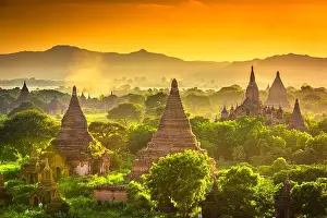 Bagan, Myanmar temples in the Archaeological Zone at dusk