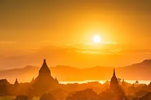 Bagan, Myanmar temples in the Archaeological Zone at dusk