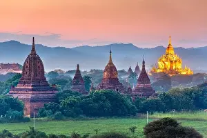 Bagan, Myanmar temples in the Archaeological Zone at dusk
