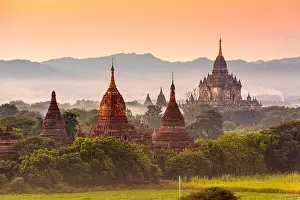 Bagan, Myanmar temples in the Archaeological Zone at dusk