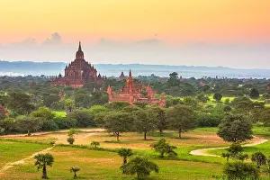Bagan, Myanmar temples in the Archaeological Zone at dusk