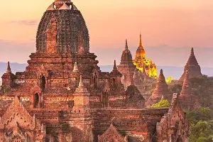Bagan, Myanmar temples in the Archaeological Zone at dusk
