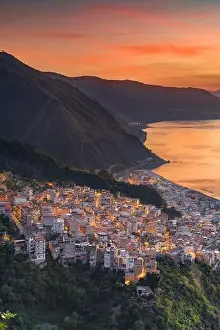 Bagnara Calabra, Italy cityscape overlooking the Tyrrhenian Sea at dusk