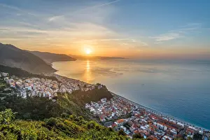 Violet Prints: Bagnara Calabra, Italy cityscape overlooking the Tyrrhenian Sea at sunset