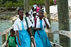 Pupils Prints: Bahamian school children walking to class wearing their uniforms, Andros Island Bahamas