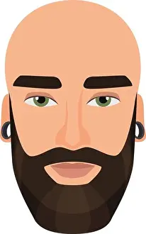 Bald Prints: Bald bearded man. Hipster male head, guy wearing earring vector isolated illustration