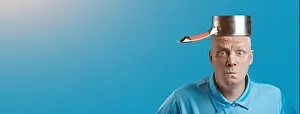 Bald Prints: a bald brutal man in a blue t-shirt put a pot on his head
