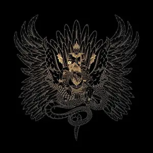 Balinese Prints: Balinese golden Garuda Bird and god Vishnu vector illustration line art style