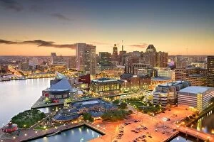 Images Dated 12th June 2016: Baltimore, Maryland, USA inner harbor and downtown skyline at dusk