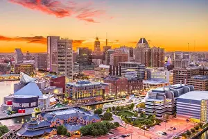 Baltimore, Maryland, USA Skyline over the Inner Harbor at dusk