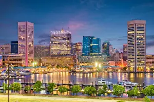 Baltimore, Maryland, USA Skyline on the Inner Harbor at dusk
