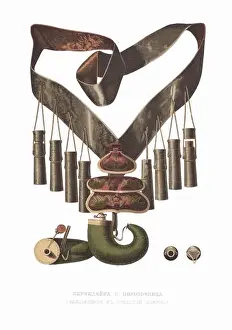 Colour Lithograph Prints: Bandolier and powder flask. From the Antiquities of the Russian State