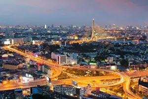 Bangkok cityscape at dusk. Landscape of Bangkok business building around downtown. Modern high building in business district area at night in Thailand
