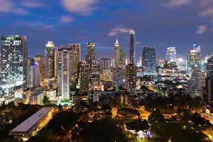 Bangkok cityscape at dusk. Landscape of Bangkok business building around downtown. Modern high building in business district area at night in Thailand