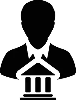 Advisor Prints: Bank Icon Vector With Person Profile Male Avatar Symbol for Banking and Finance in Glyph Pictogram illustration