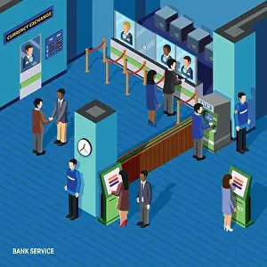 3d Vector Vectors Prints: Bank service isometric concept with people inside bank currency exchange window atm and employees vector illustration