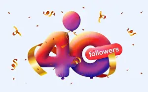 Subscribers Prints: Banner with 40 followers thank you in form of 3d red balloons and colorful confetti
