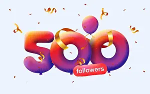 Balloons Prints: Banner with 500 followers thank you in form of 3d red balloons and colorful confetti