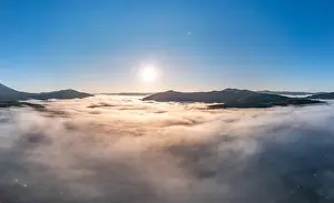 Ambience Prints: Banner panorama landscape Mountain with morning colorful fog sunrise, aerial top view